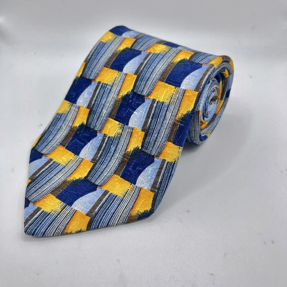 Ermenegildo Zegna Men's Tie Blue Gold Abstract Geometric Luxe Silk Made In Italy